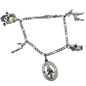 Vintage 925 Sterling Silver Christmas Charms Italy Figaro Chain 6.5” Bracelet